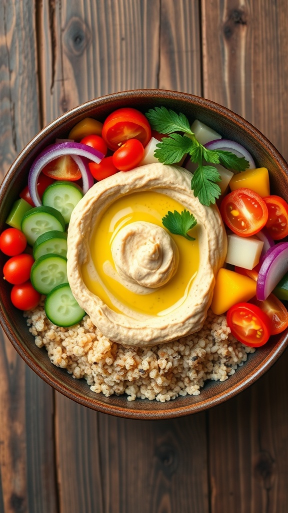 Mediterranean quinoa bowl with hummus, vegetables, and olive oil on a rustic table.